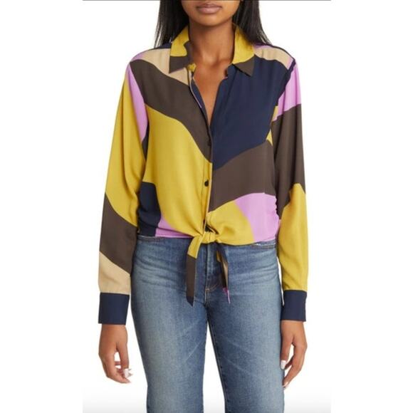 SANCTUARY Top Size XXL NEW Lover Tie Shirt Blouse Buttons Mod Print Green Purple - Picture 1 of 5